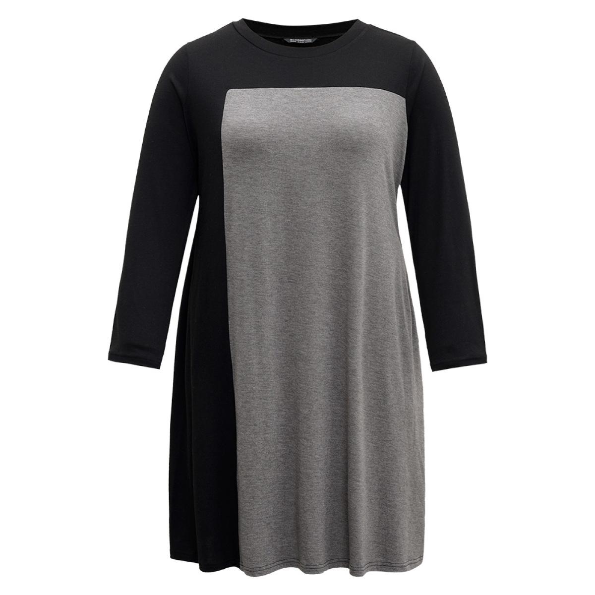 Plus Size Supersoft Essentials Two Tone Pocket Dress Black Women Casual Patchwork Round Neck Long Sleeve Curvy Knee Dress BloomChic 28/5X Product Image