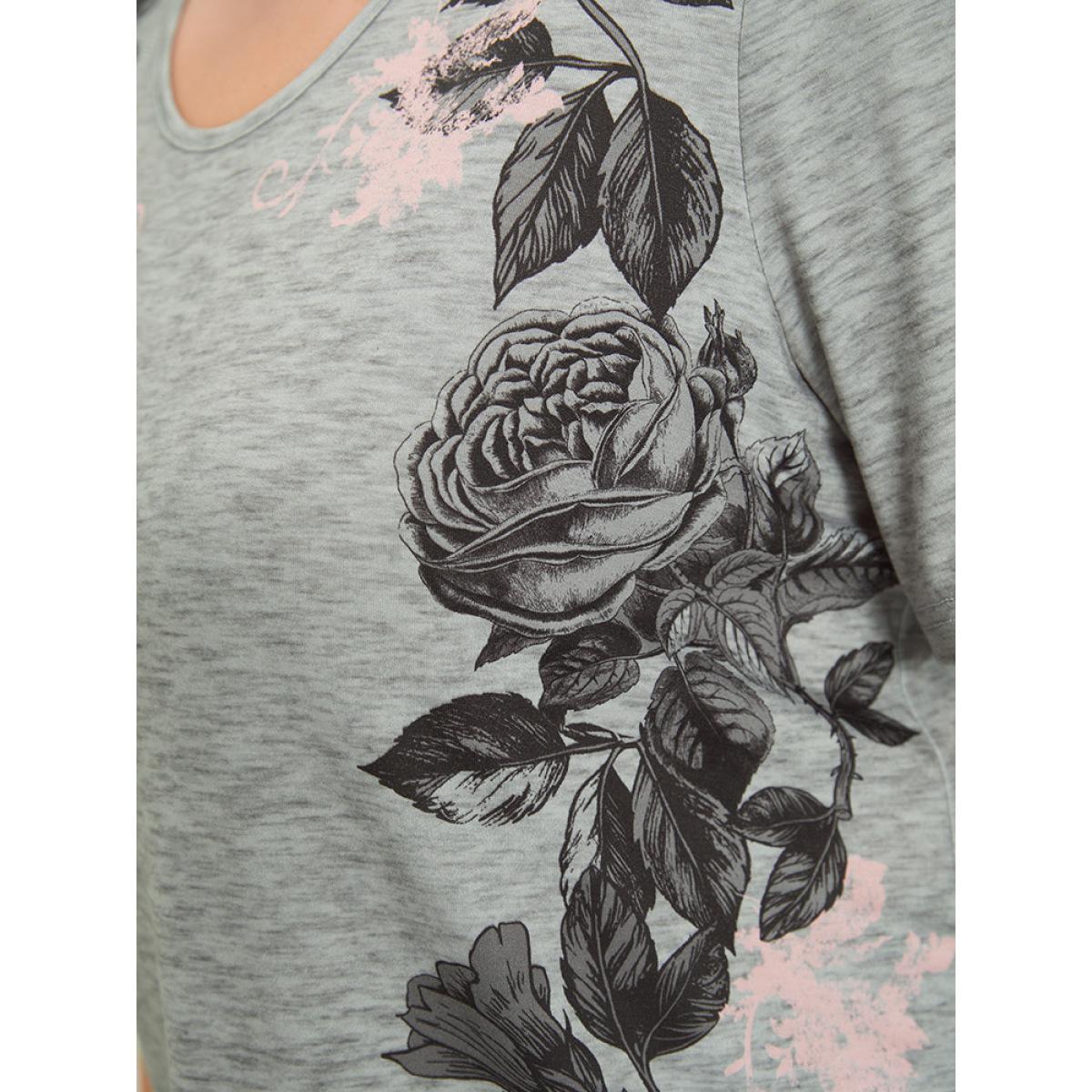 Plus Size Floral Print Contrast Crew Neck T-shirt Gray Women Elegant Printed Floral Round Neck Dailywear T-shirts BloomChic 28/5X Product Image