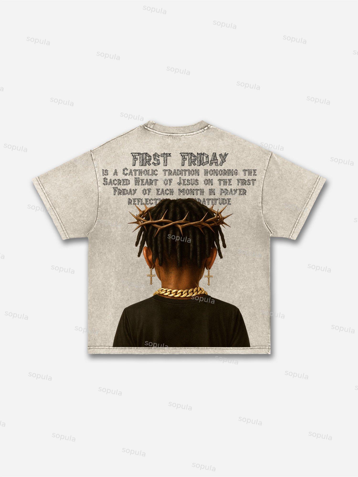 First Friday Devotion Retro Graphic Acid Wash T-shirt Product Image