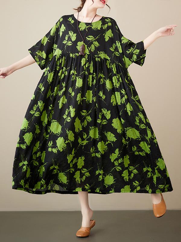 Loose Floral Pleated Round-Neck Midi Dresses Product Image