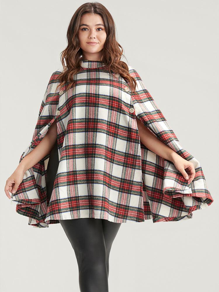 Tartan Button Side Cape Coat Without Hat Female Product Image
