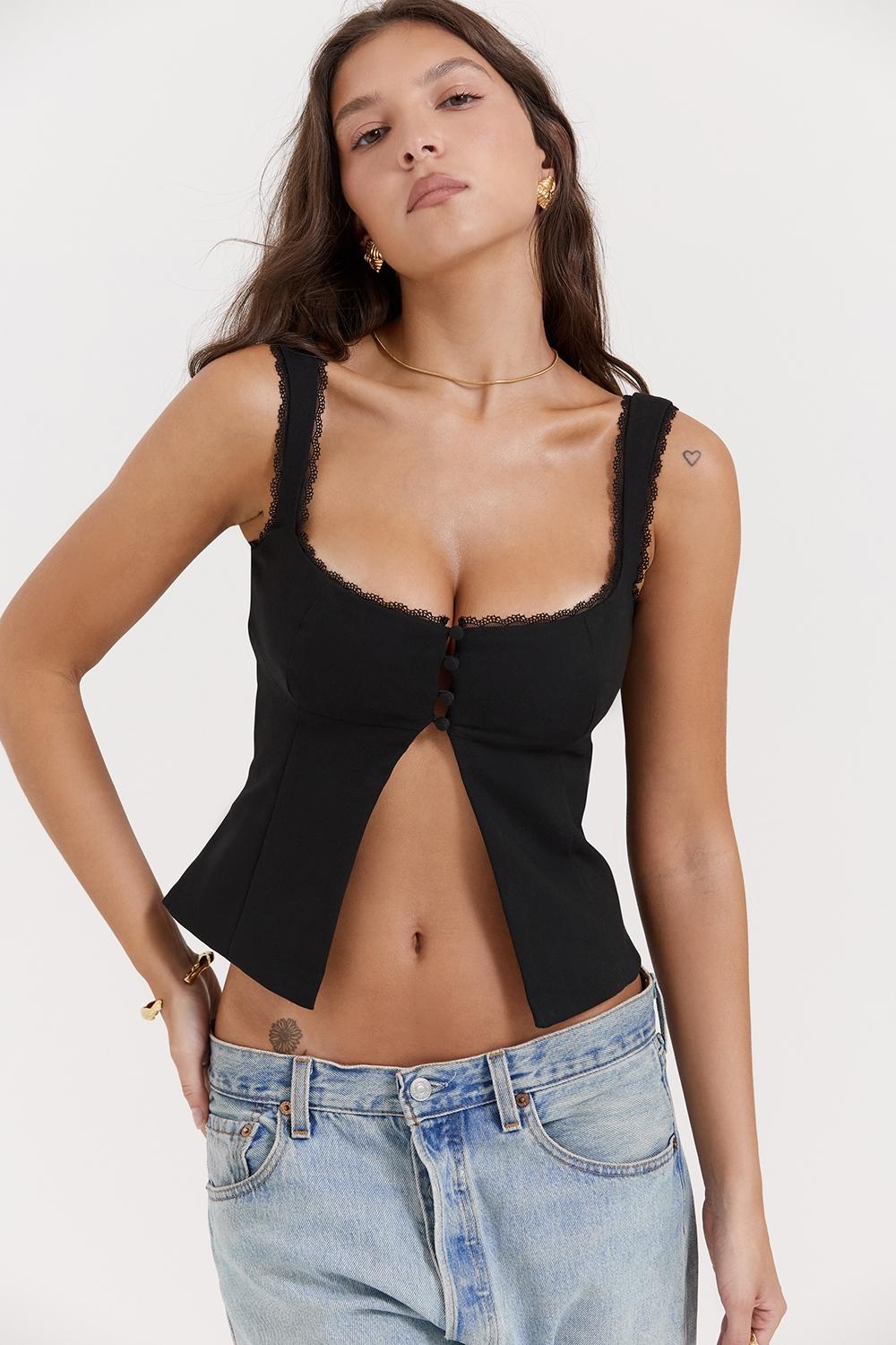 Noura  black lace trim top Product Image