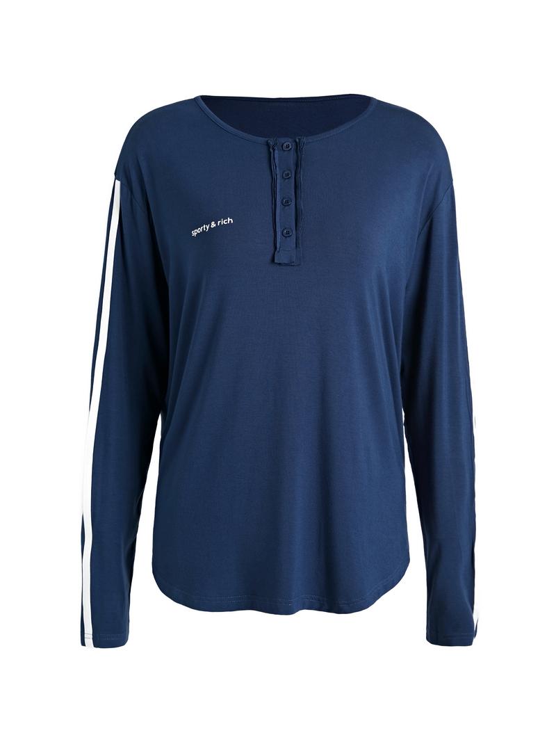 Blue Stripe Print Button Up Oversized Long Sleeve Tee Product Image