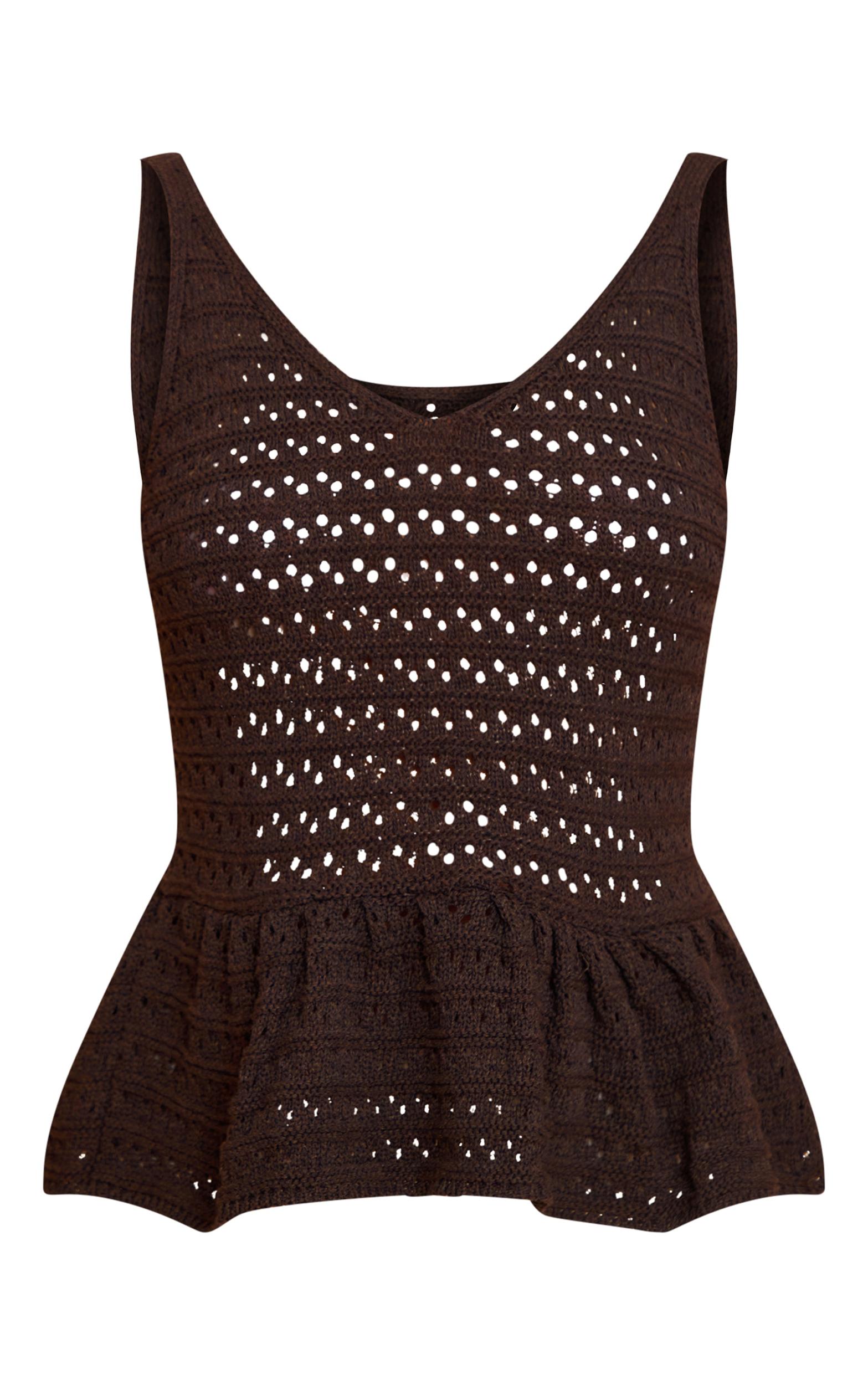 Chocolate Peplum Knit Crochet Top Product Image