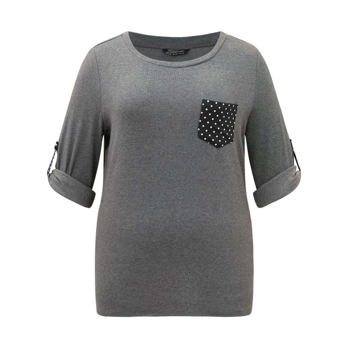 Plus Size Polka Dot Patched Pocket Tab Sleeve T-shirt DimGray Women Casual Contrast Polka Dot Round Neck Dailywear T-shirts BloomChic 12/L Product Image