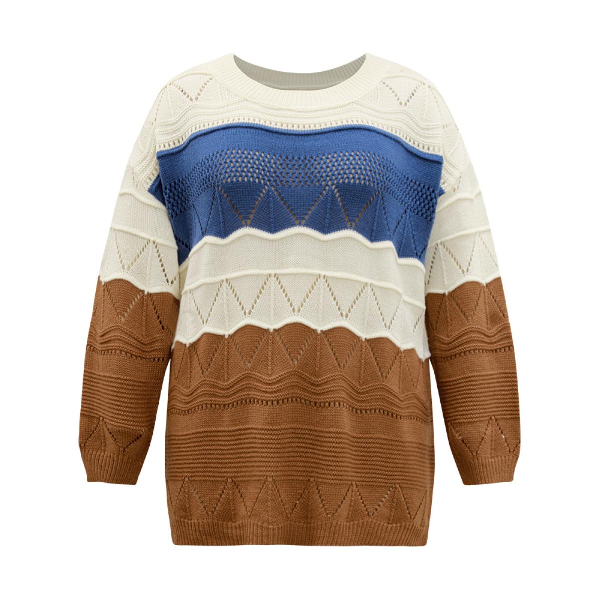 Plus Size Contrast Eyelet Patchwork Elastic Cuffs Pullover Multicolor Women Casual Loose Long Sleeve Round Neck Dailywear Pullovers BloomChic 28/5X Product Image