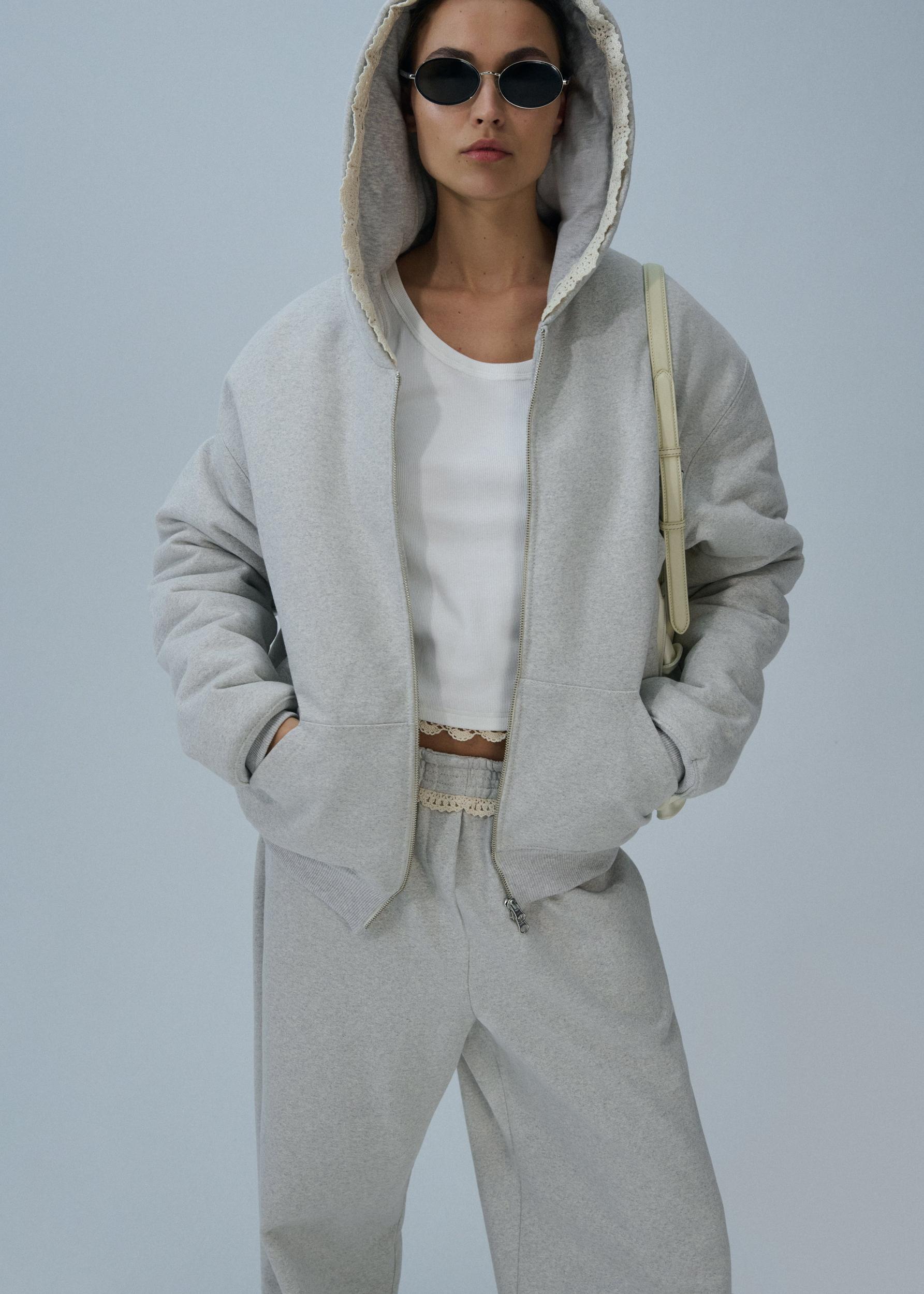 Lace-detail zip up hoodie in grey Product Image