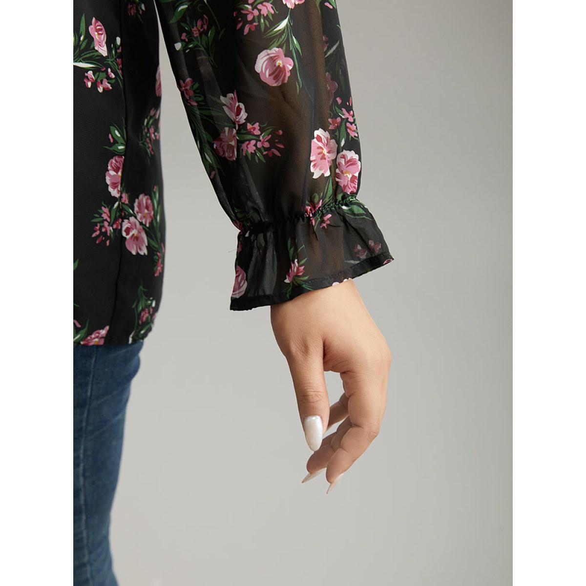 Plus Size Black Chiffon Floral Frill Trim Mesh Patchwork Blouse Women Elegant Long Sleeve Round Neck Dailywear Blouses BloomChic 22-24/3X Product Image