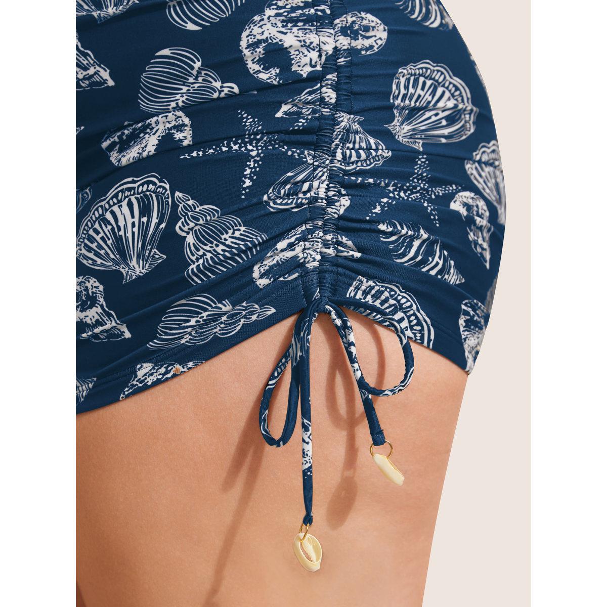 Plus Size Shell Print Drawstring Side Skinny Swim Bottom Women's Swimwear Indigo Beach Drawstring High stretch Skinny High Rise Curve Swim Bottoms BloomChic 14-16/1X Product Image