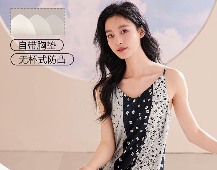 Spaghetti Strap Padded Printed Panel Midi Pajama Dress Product Image