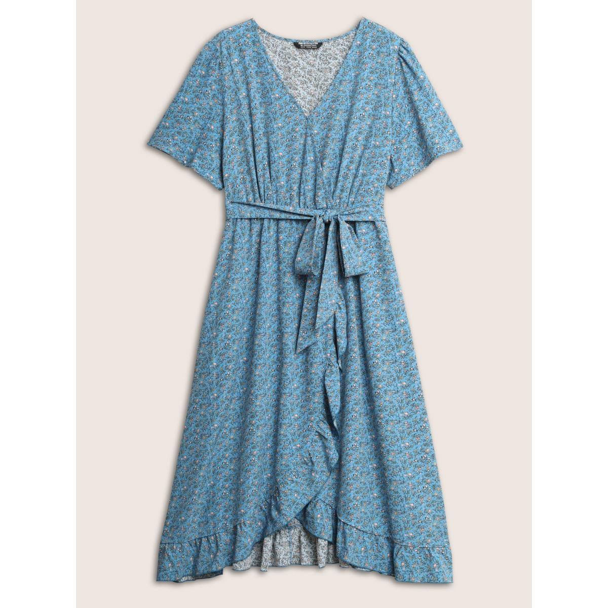 Plus Size Ditsy Floral Overlap Collar Ruffles Belted Dress Blue Women Elegant Overlapping Overlap Collar Short sleeve Curvy Midi Dress BloomChic 12/L Product Image