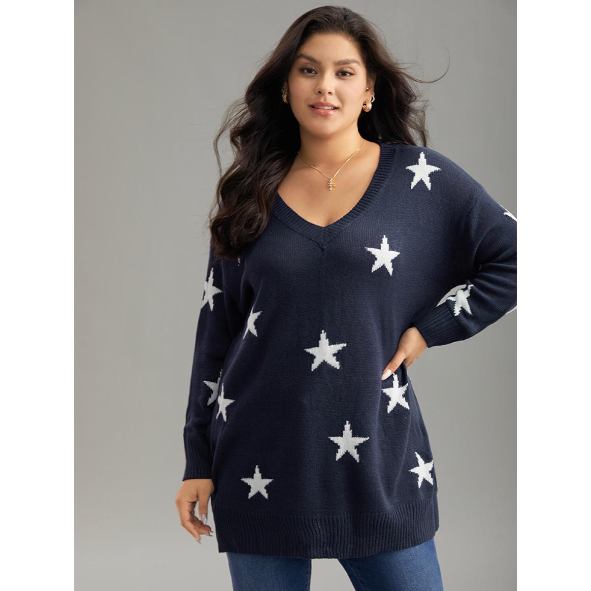 Plus Size Star Print Drop Shoulder Cardigan Indigo Women Casual Loose Long Sleeve V-neck Dailywear Pullovers BloomChic 28/5X Product Image