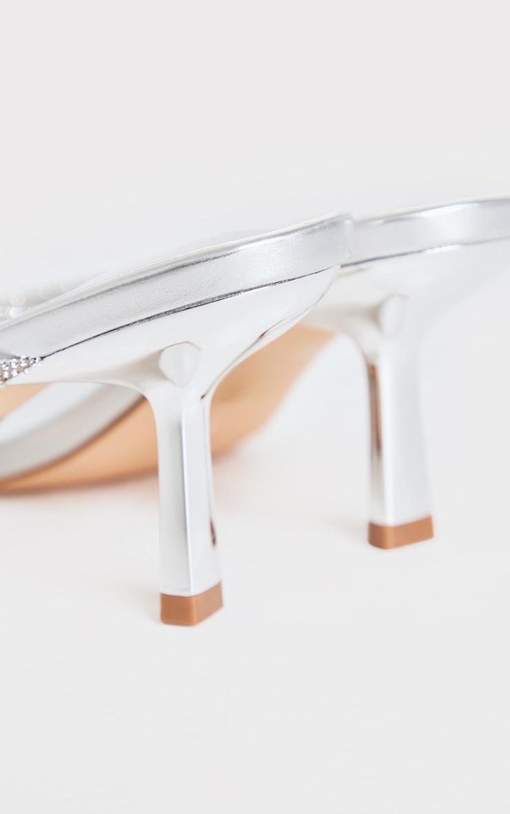 Silver PU Wide Fit Square Toe Diamante Toe Thong Mid Heeled Mules Product Image