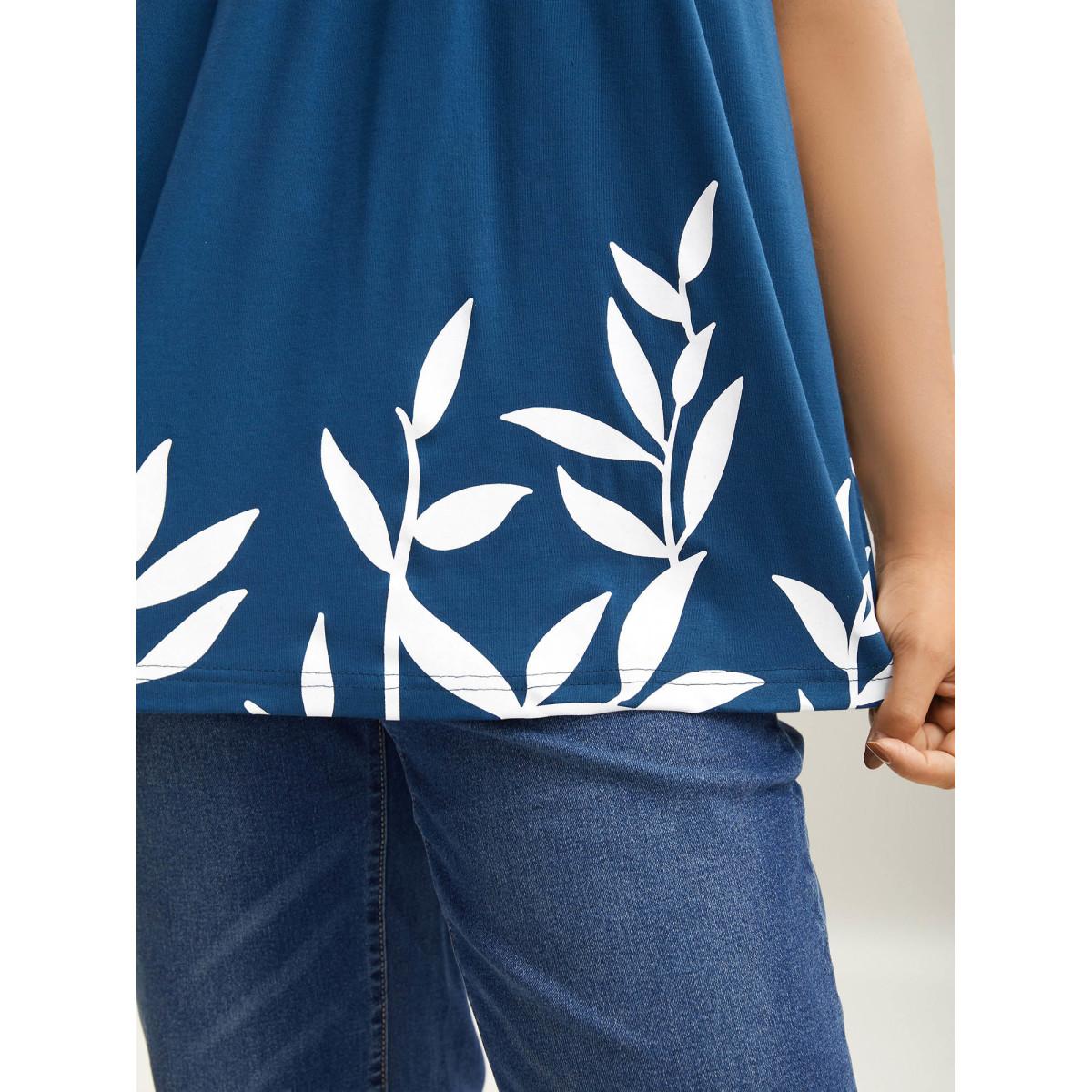 Plus Size Leafy Printed Hem Pleated Sleeveless Top Women Mediumblue Resort Pleated Square Neck Vacation Tank Tops Camis BloomChic 12/L Product Image