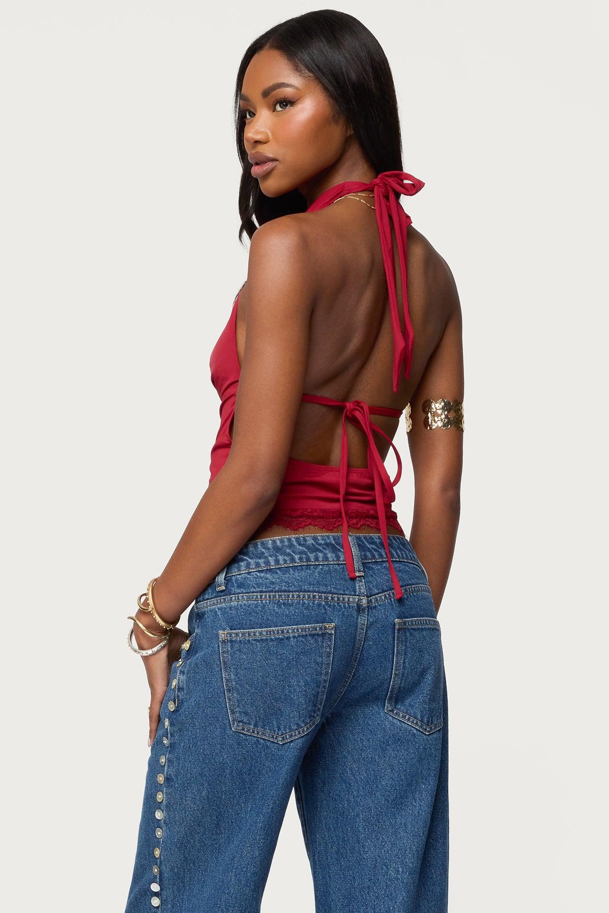 Layered Lacey Cowl Neck Halter Top Product Image