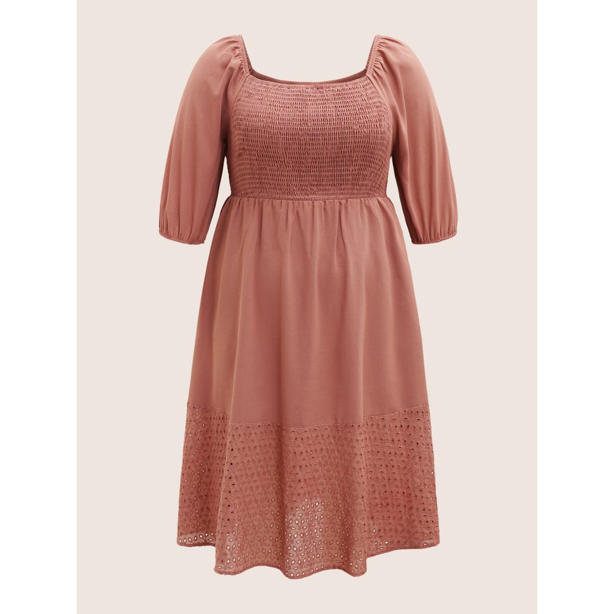 Plus Size Solid Square Neck Shirred Elastic Waist Cut Out Dress Rouge Women Resort Non Square Neck Elbow-length sleeve Curvy Midi Dress BloomChic 18-20/2X Product Image