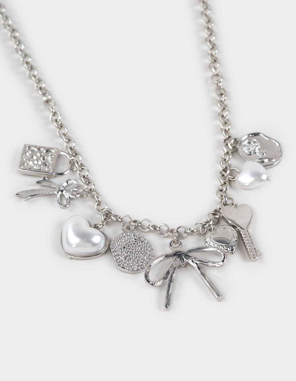 FULL TILT Bow/Heart/Pearl Charm Necklace - SILVER Product Image