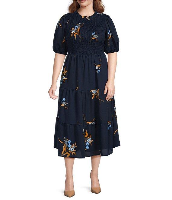 Sugarlips Plus Size Dusk Bloom Floral Smocked Short Sleeve Midi Dress Product Image