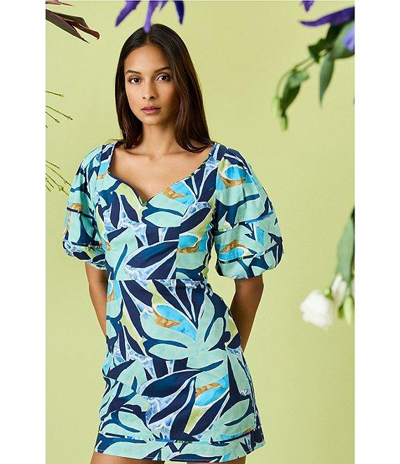 Donna Morgan Poplin Floral Print Sweetheart Neck Short Sleeve Sheath Mini Dress Product Image