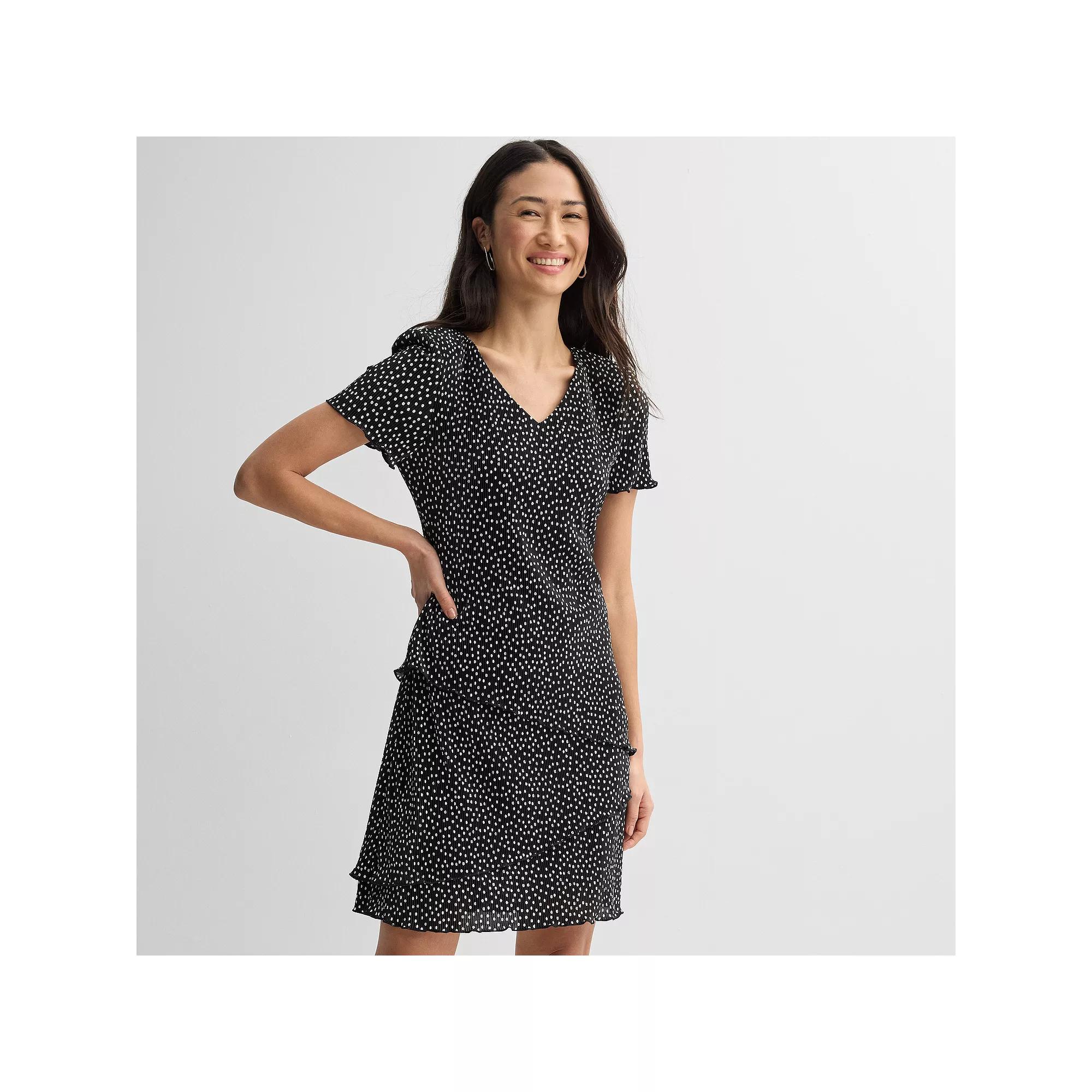 Women's Studio Connection Short Sleeve V-Neck Pleated Tiered Mini Dress, Size: 12, Black Ditsy Product Image