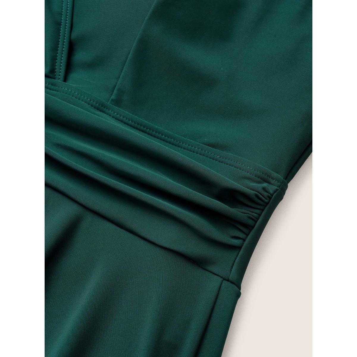 Plus Size Solid Ruffle Hem Empire Waist Halter Neck Swim Dress Women's Swimwear DarkGreen Resort Bodycon Halter neck High stretch Curve Swim Dresses BloomChic 22-24/3X Product Image