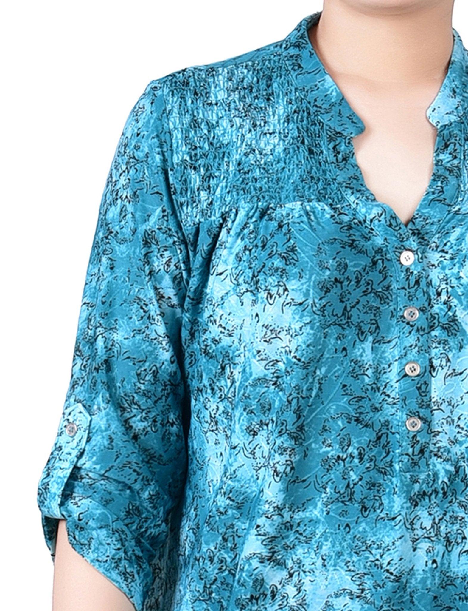 Etch Green 3/4 Roll Tab Sleeve Smocked-Yoke Top - Petite Product Image