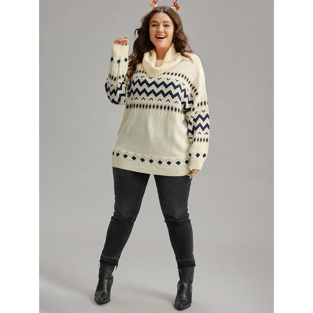 Plus Size Geometric Contrast Turtleneck Elastic Cuffs Pullover Ivory Women Casual Loose Long Sleeve Turtleneck Dailywear Pullovers BloomChic 18-20/2X Product Image
