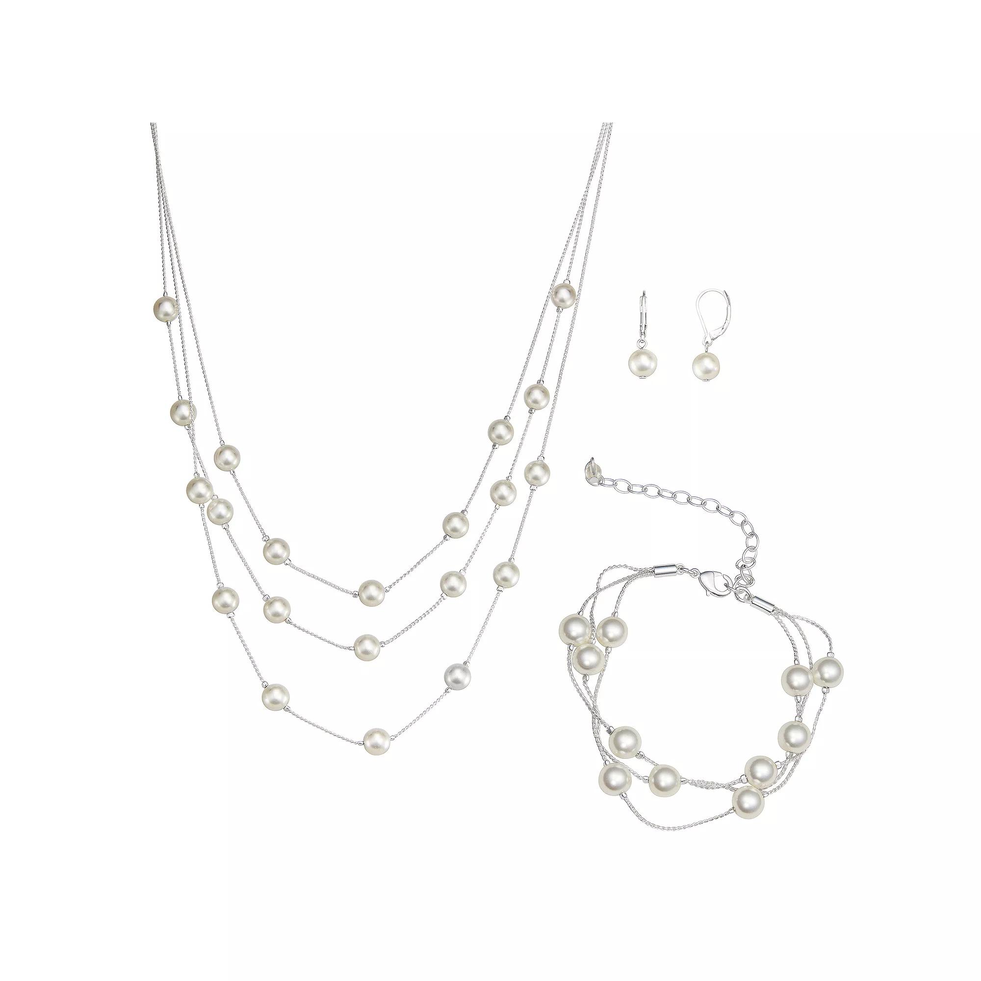 You're Invited Silver Tone Simulated Pearl Multi-Strand Necklace, Multi-Strand Bracelet, & Drop Earrings Set, Women's Product Image