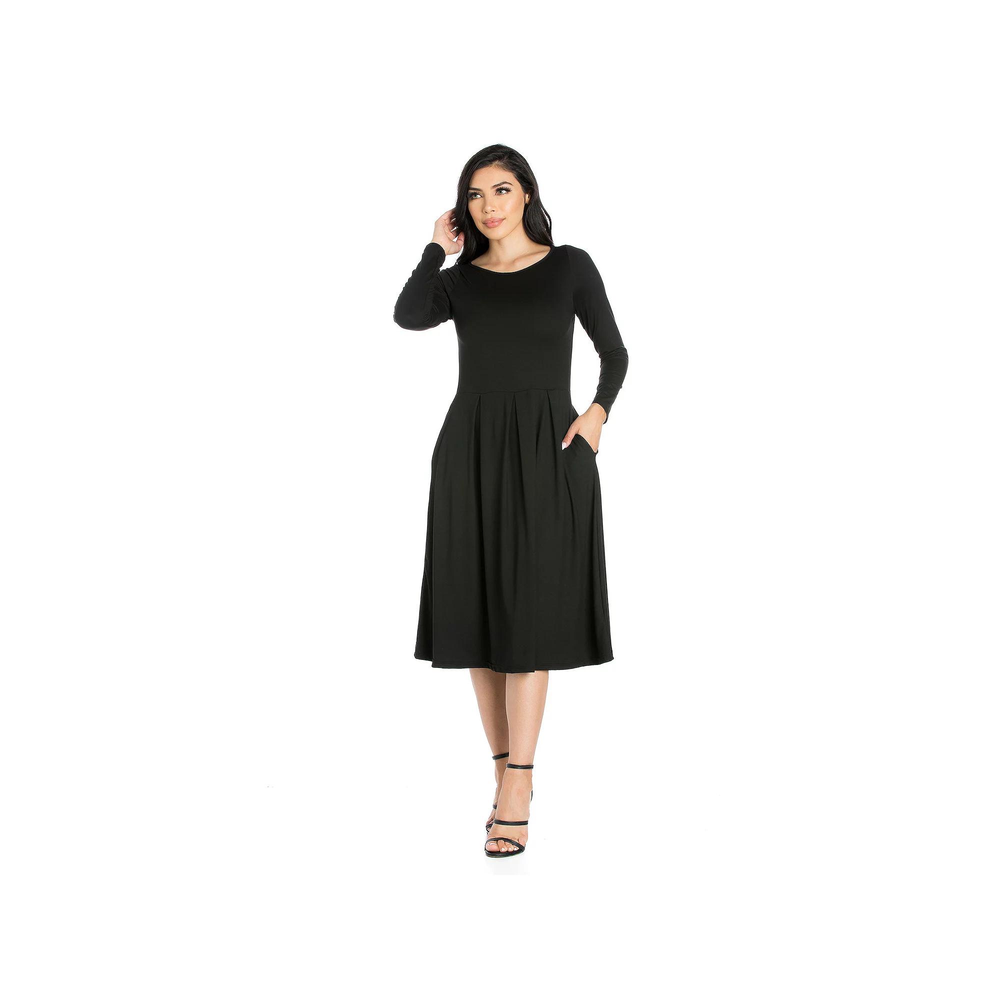 Women's 24Seven Comfort Apparel Long Sleeve Fit & Flare Dress with Pockets,  Product Image