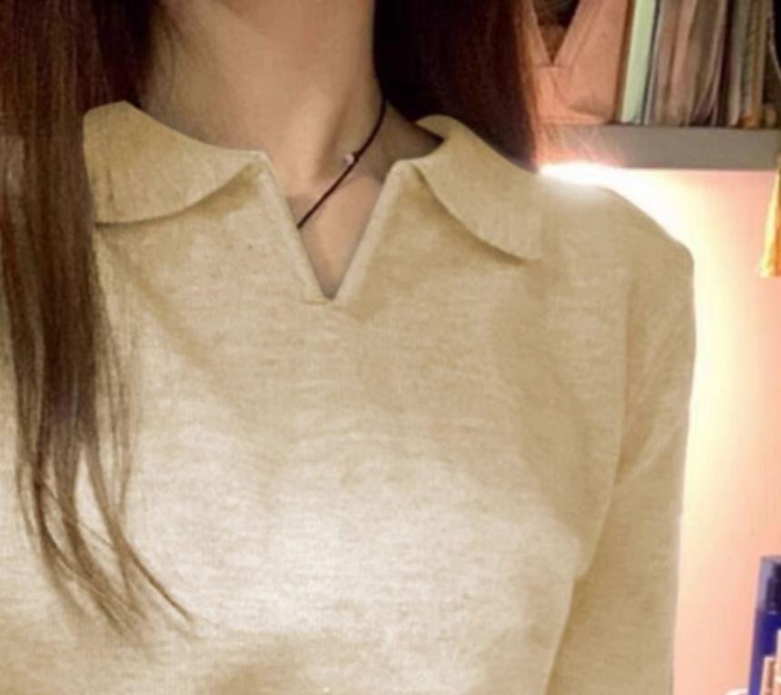 Long-Sleeve Polo-Neck Plain Sweater Product Image