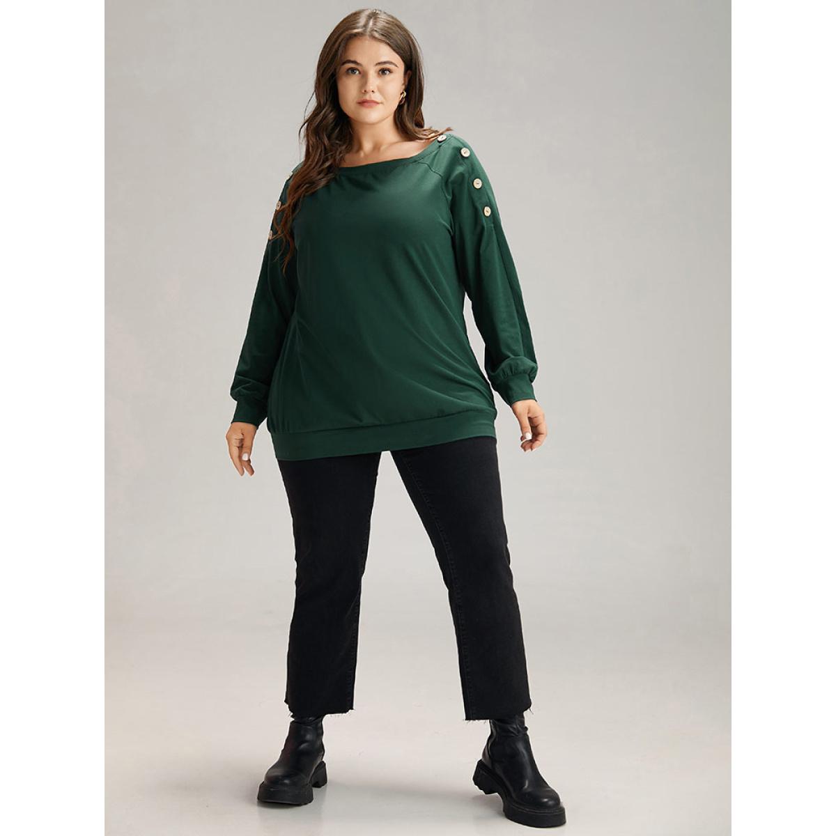 Plus Size Cotton Plain Button Detail Raglan Sleeve T-shirt DarkGreen Women Casual Plain Plain Round Neck Dailywear T-shirts BloomChic 18-20/2X Product Image