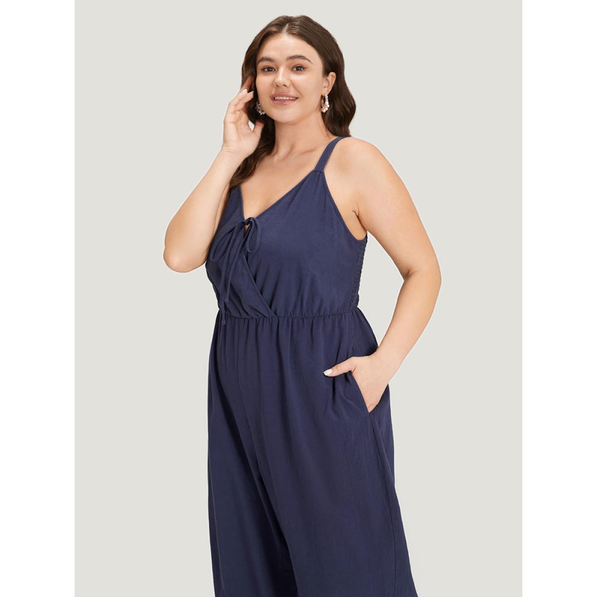 Plus Size Indigo Plain Pocket Elastic Waist Ties Cami Jumpsuit Women Casual Sleeveless Spaghetti Strap Dailywear Loose Jumpsuits BloomChic 28/5X Product Image