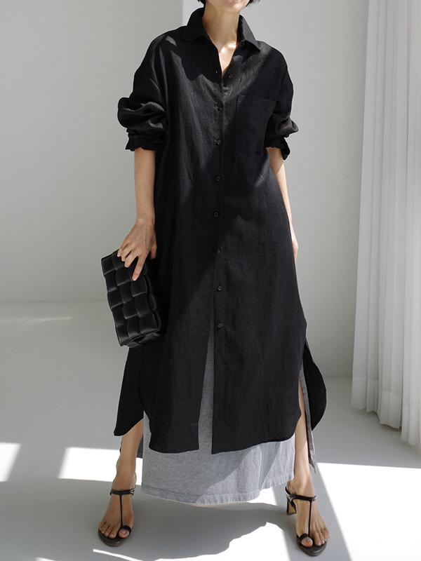 Simple Long Sleeves Split-Side Solid Color Lapel Midi Dresses Shirt Dress Product Image