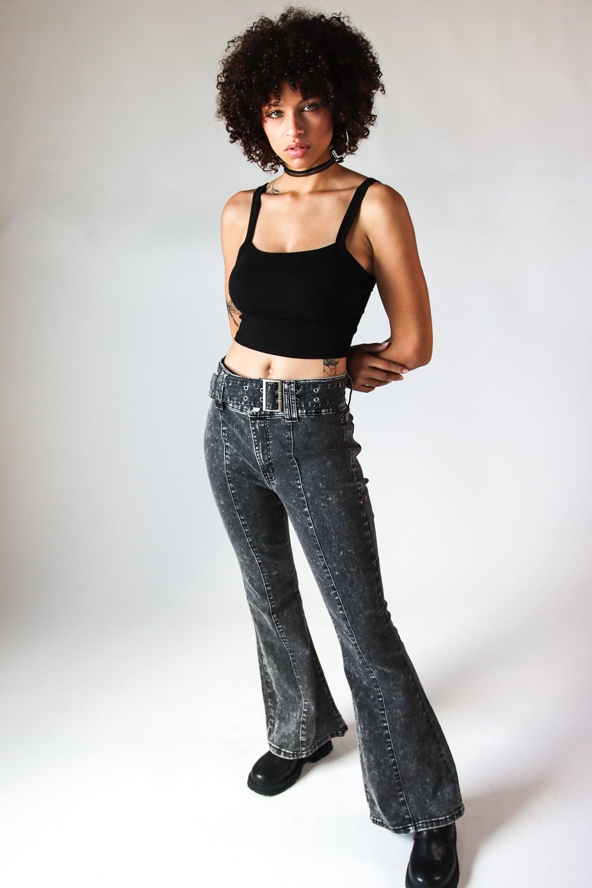 Belted Flare Grunge Wash Jeans Product Image