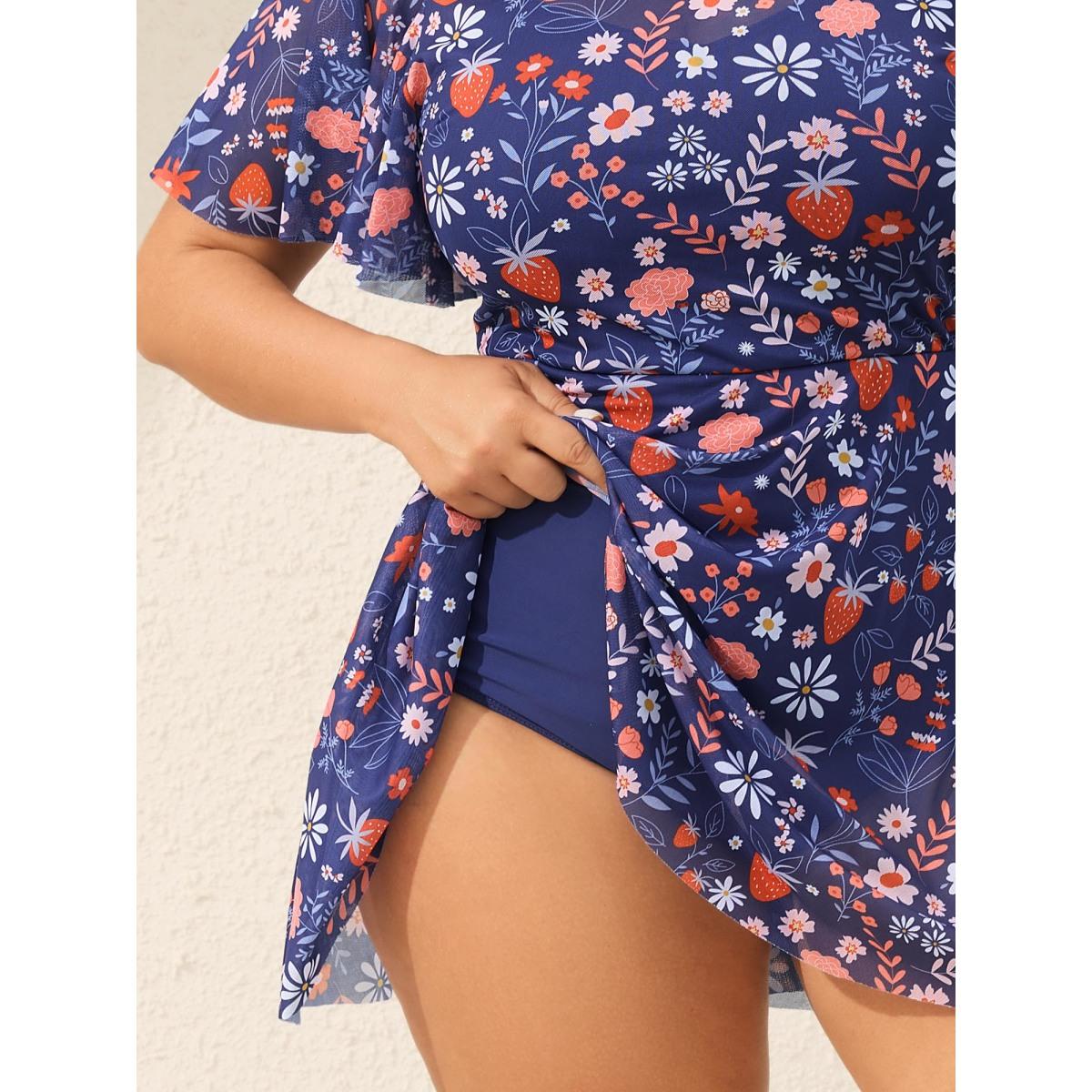 Plus Size Floral Print Mesh Very Stretchy Swim Dress Women's Swimwear Indigo Beach Bodycon Heart neckline High stretch Curve Swim Dresses BloomChic 26/4X Product Image