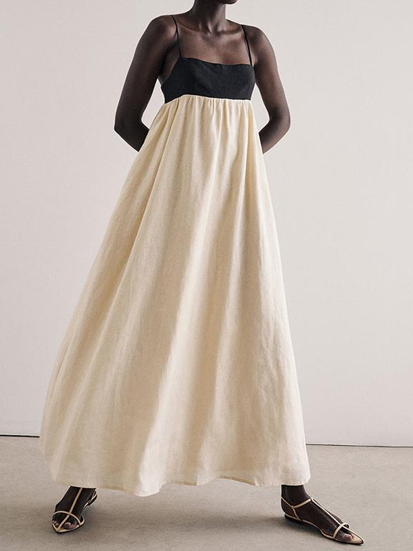 A-Line Loose Contrast Color Pleated Split-Joint Spaghetti-Neck Maxi Dresses Product Image