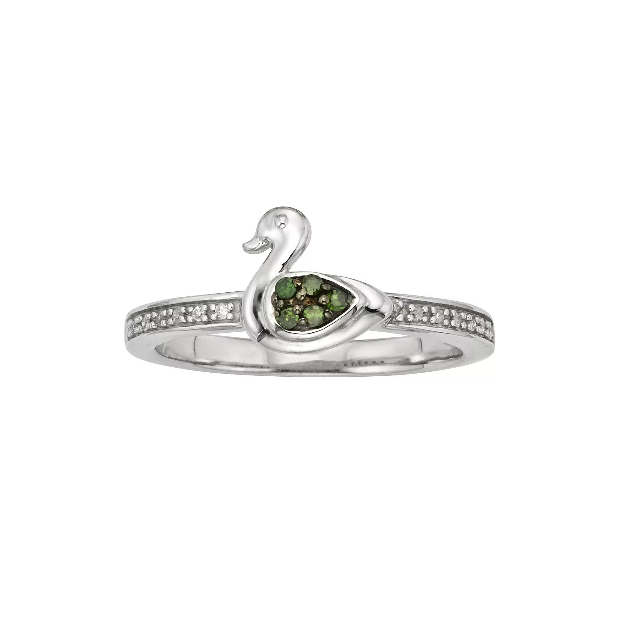Jewelexcess Sterling Silver 1/10-ct. T.W. Green and White Diamond Duck Ring, Women's, Size: 6 Product Image