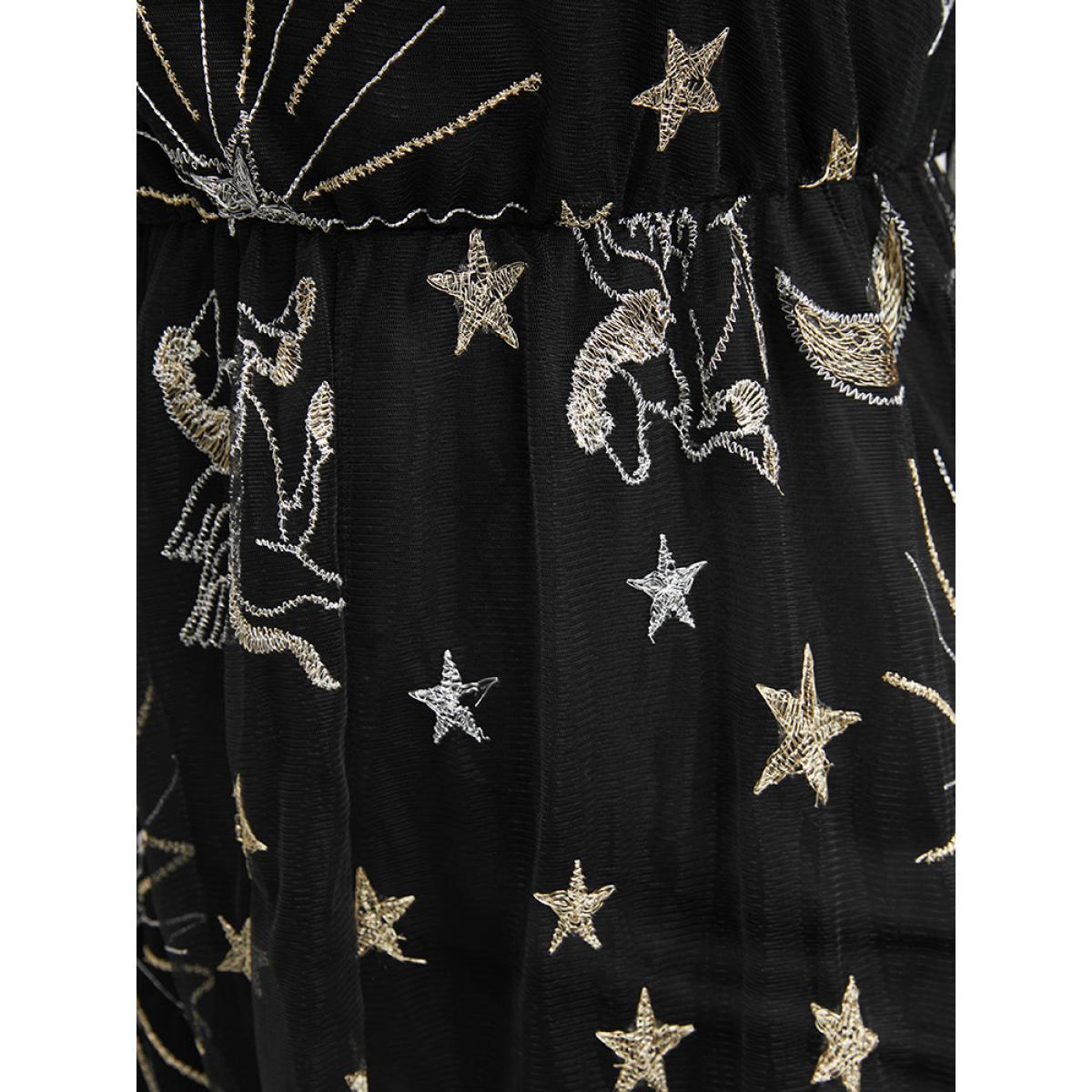 Moon and Star Embroidered Plus Size Women Midi Dress Going out Gathered Long Sleeve Round Neck Party Dresses BloomChic Product Image