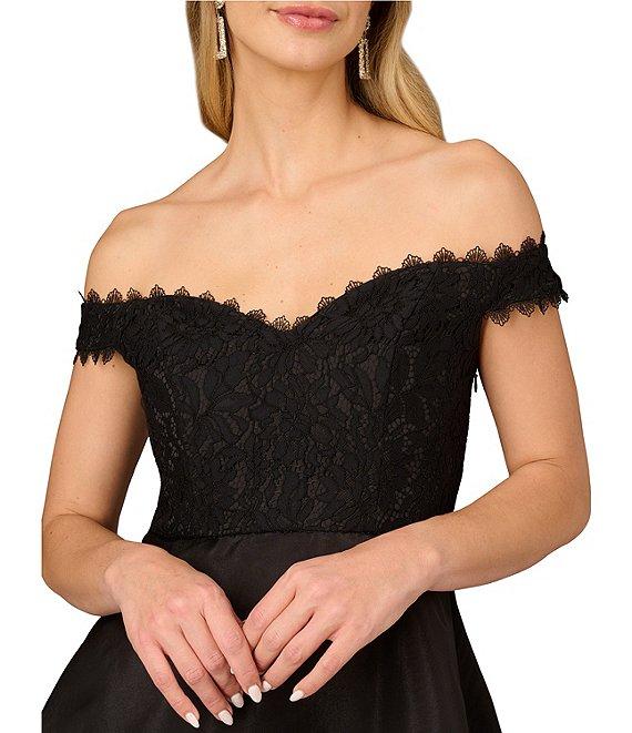 Aidan Mattox Lace Organza Off The Shoulder Cap Sleeve Tiered Gown Product Image