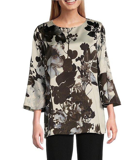 Caroline Rose Woven Crepe Bella Fall Floral Print Scoop Neck 3/4 Bell Sleeve Top Product Image