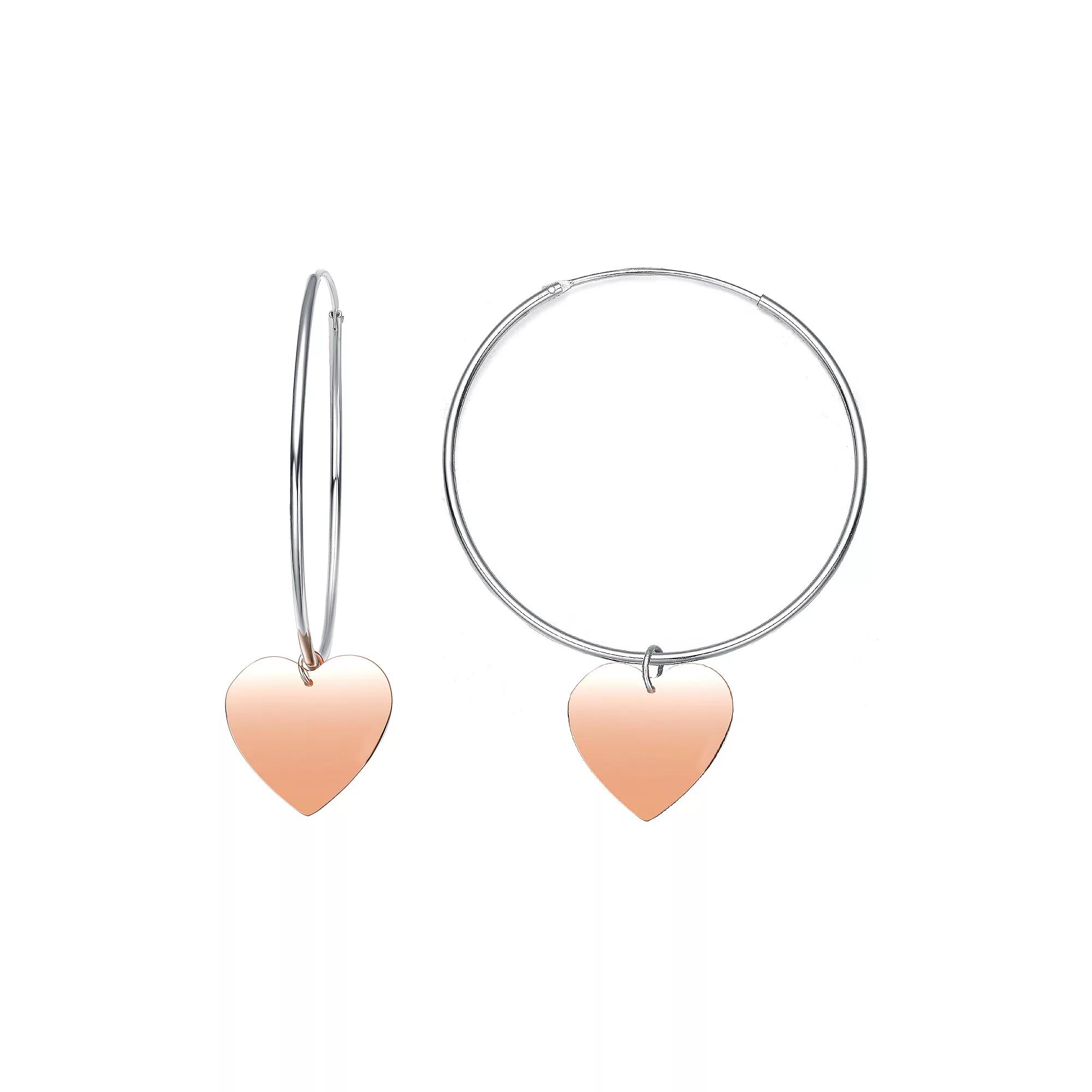 Two Tone Sterling Silver Heart Dangle Hoop Earrings, Women's Product Image