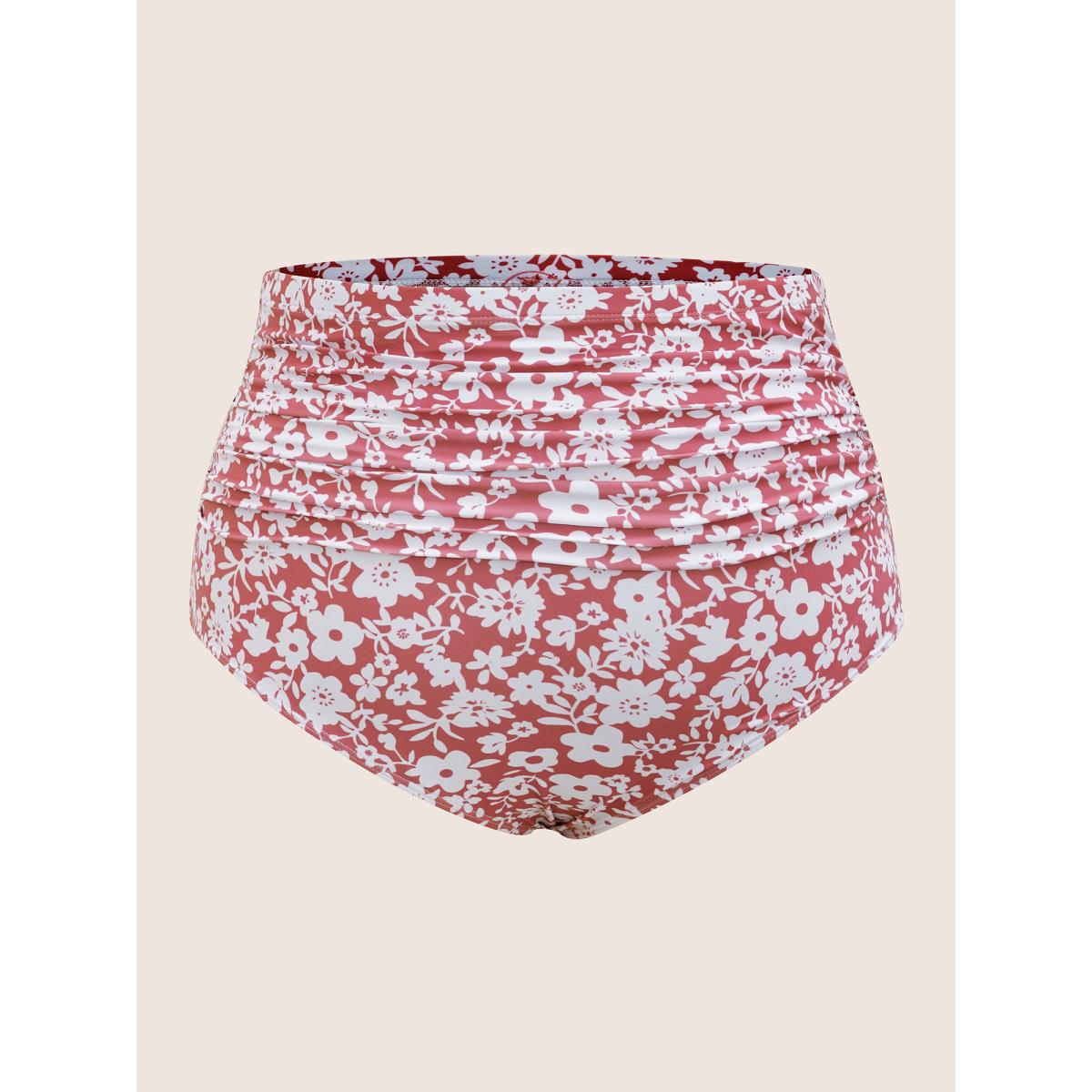 Plus Size Ditsy Floral Keyhole Split Hem Ruched Swim Dress Women's Swimwear Salmon Beach Bodycon Asymmetrical Neck High stretch Curve Swim Dresses BloomChic 18-20/2X Product Image