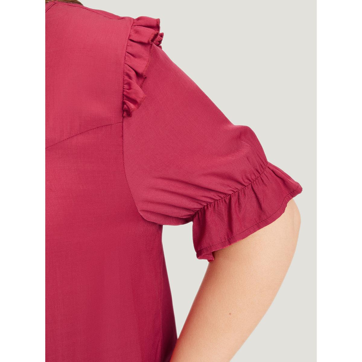 Plus Size RedViolet Plain Gathered Ruffle Trim Puff Sleeve Blouse Women Office Short sleeve Round Neck Work Blouses BloomChic 18-20/2X Product Image