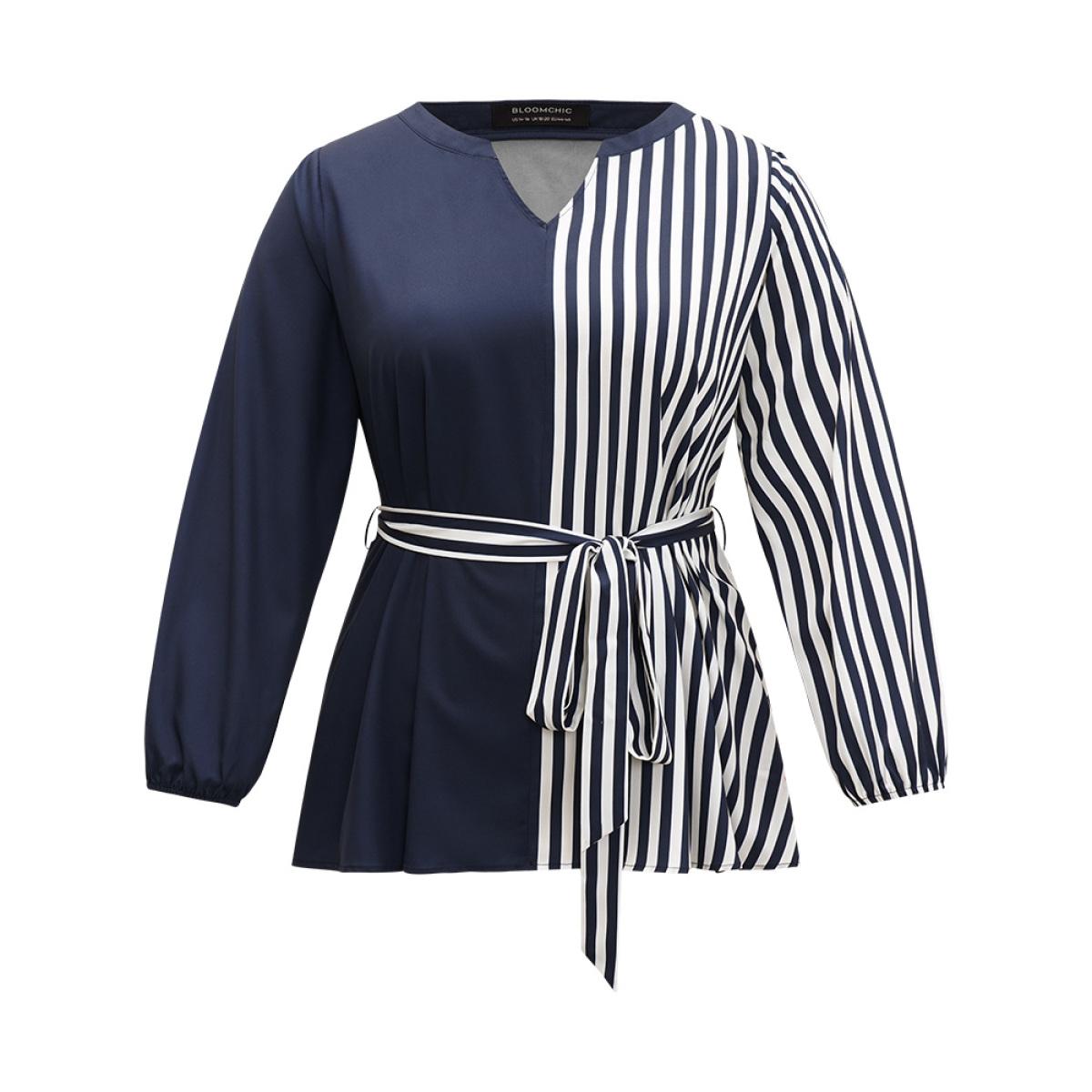 Plus Size Indigo Striped Patchwork Notched Belted Lantern Sleeve Blouse Women Office Long Sleeve V-neck Office Blouses BloomChic 14-16/1X Product Image