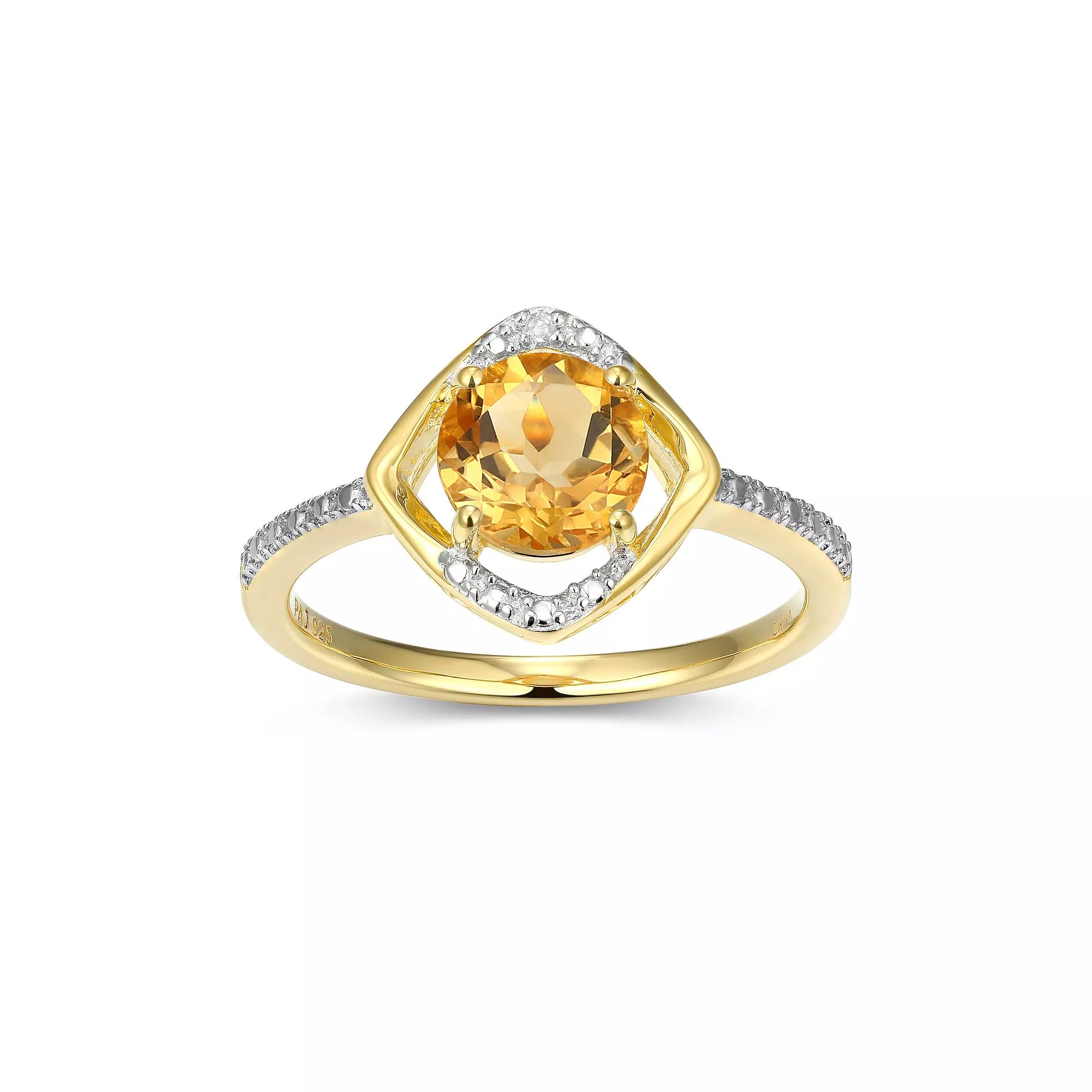 18k Gold Plated Sterling Silver Gemstone & Diamond Accent Halo Ring, Women's, November Gen Citrine Product Image