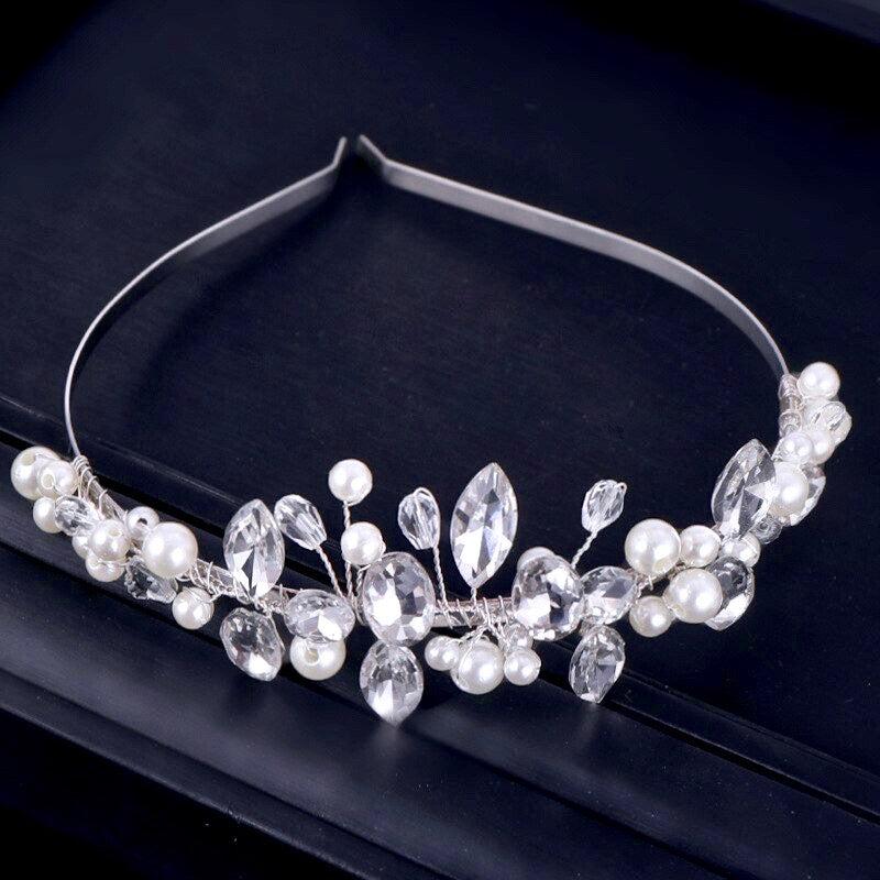 "Aleena" - Silver Pearl and Crystal Bridal Headband Product Image
