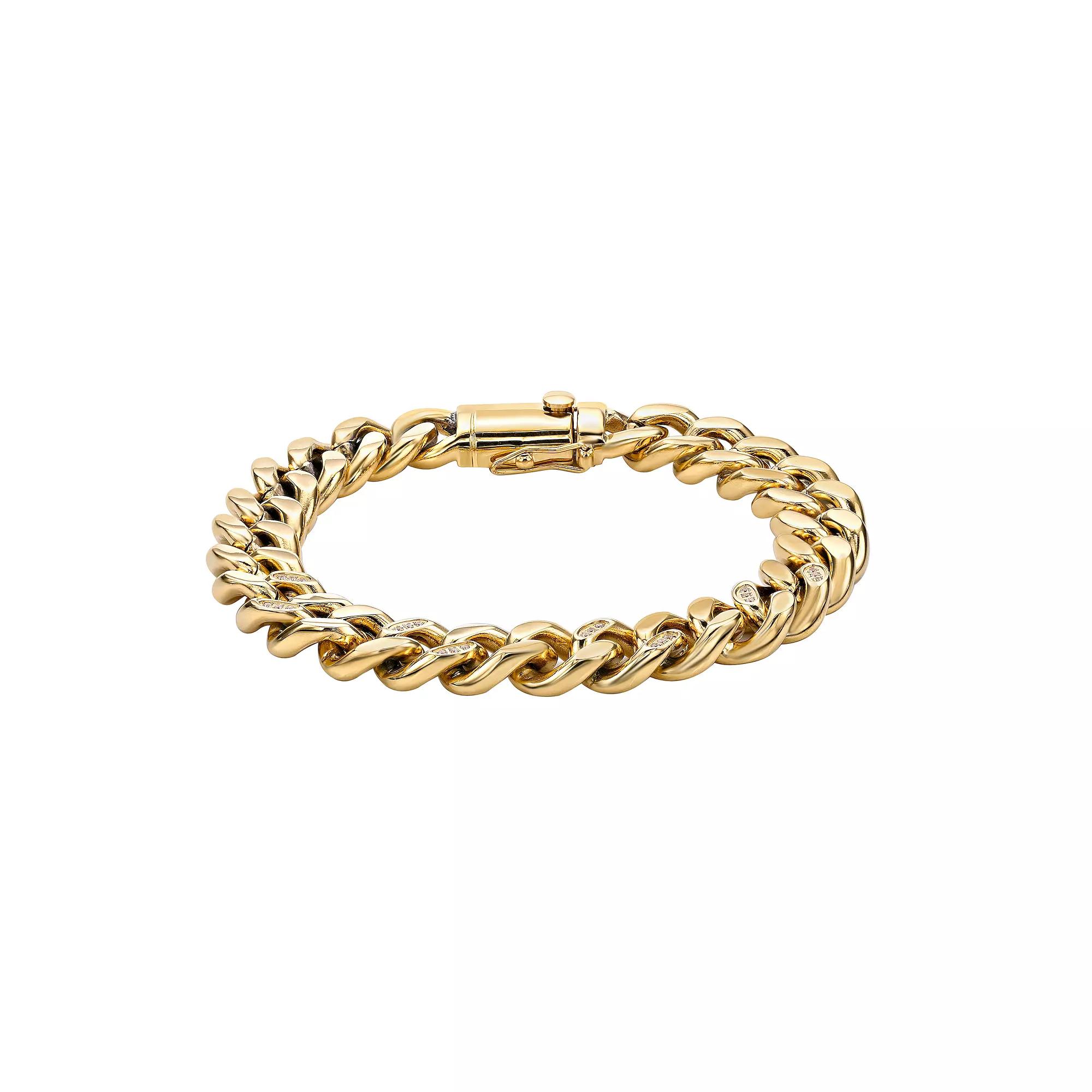 Men's LYNX Gold Tone Ion-Plated Stainless Steel Cubic Zirconia Chain Bracelet, Size: 8.5" Product Image