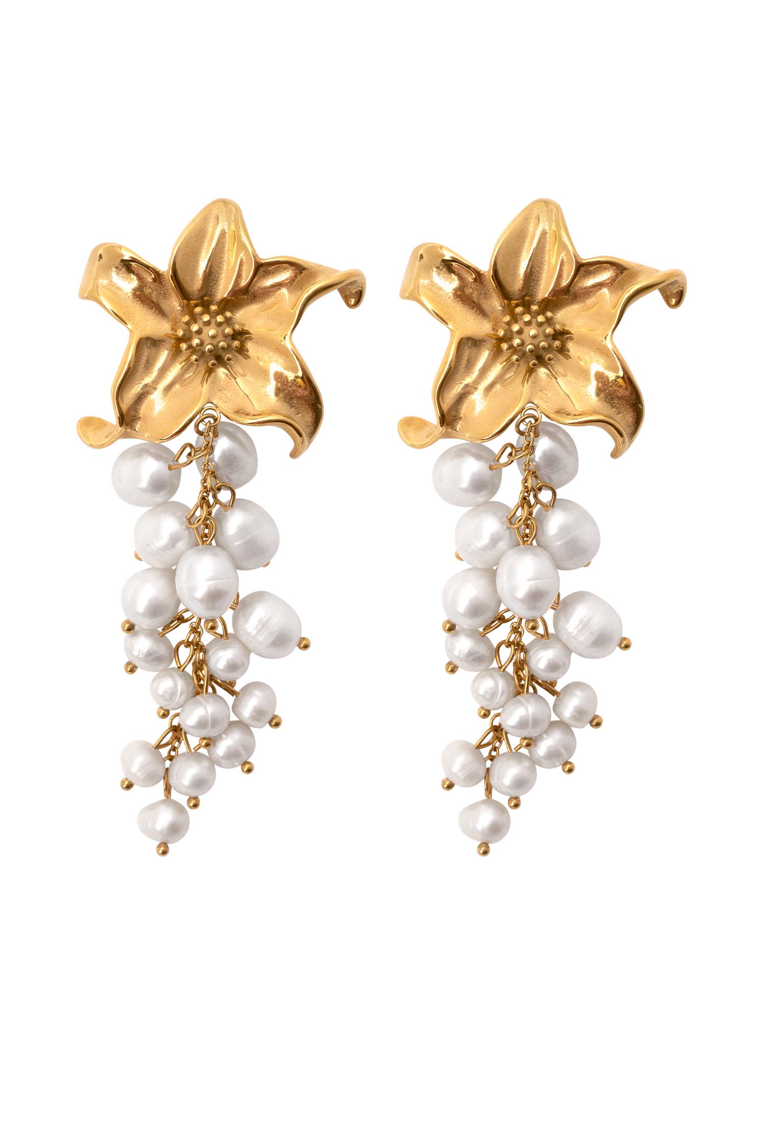 Eva Floral Fresh Water Pearl Earrings - Gold Product Image