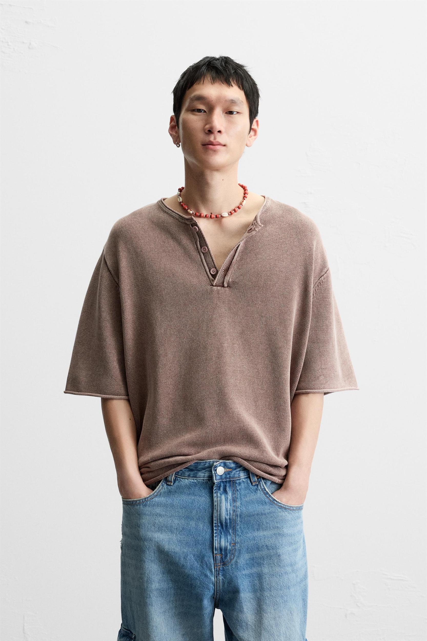 WASHED KNIT BUTTON-UP T-SHIRT Product Image