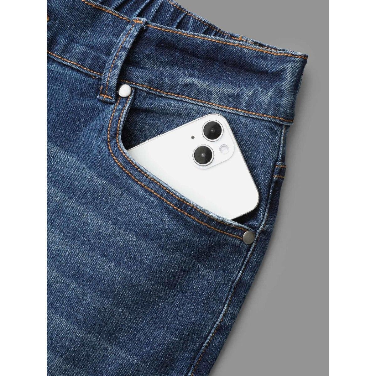 Plus Size Dark Wash Elastic Waist Flared Mid Rise Jeans Women Denimindigo Casual Button Medium stretch Slanted pocket Jeans BloomChic 20/2X Product Image